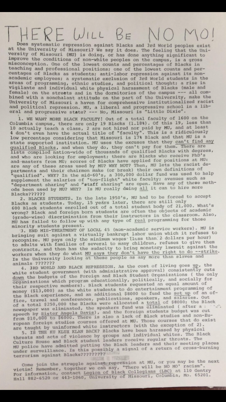 List of 1969 demands by MU Legion of Black Collegians